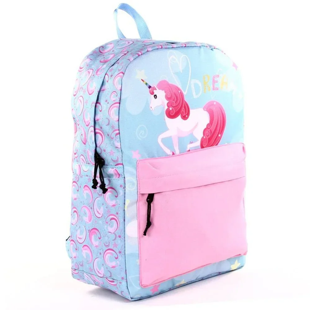 16" Backpack With Unicorn Design 16" High Blue & Pink Front Zipped Pocket - Picture 2 of 5